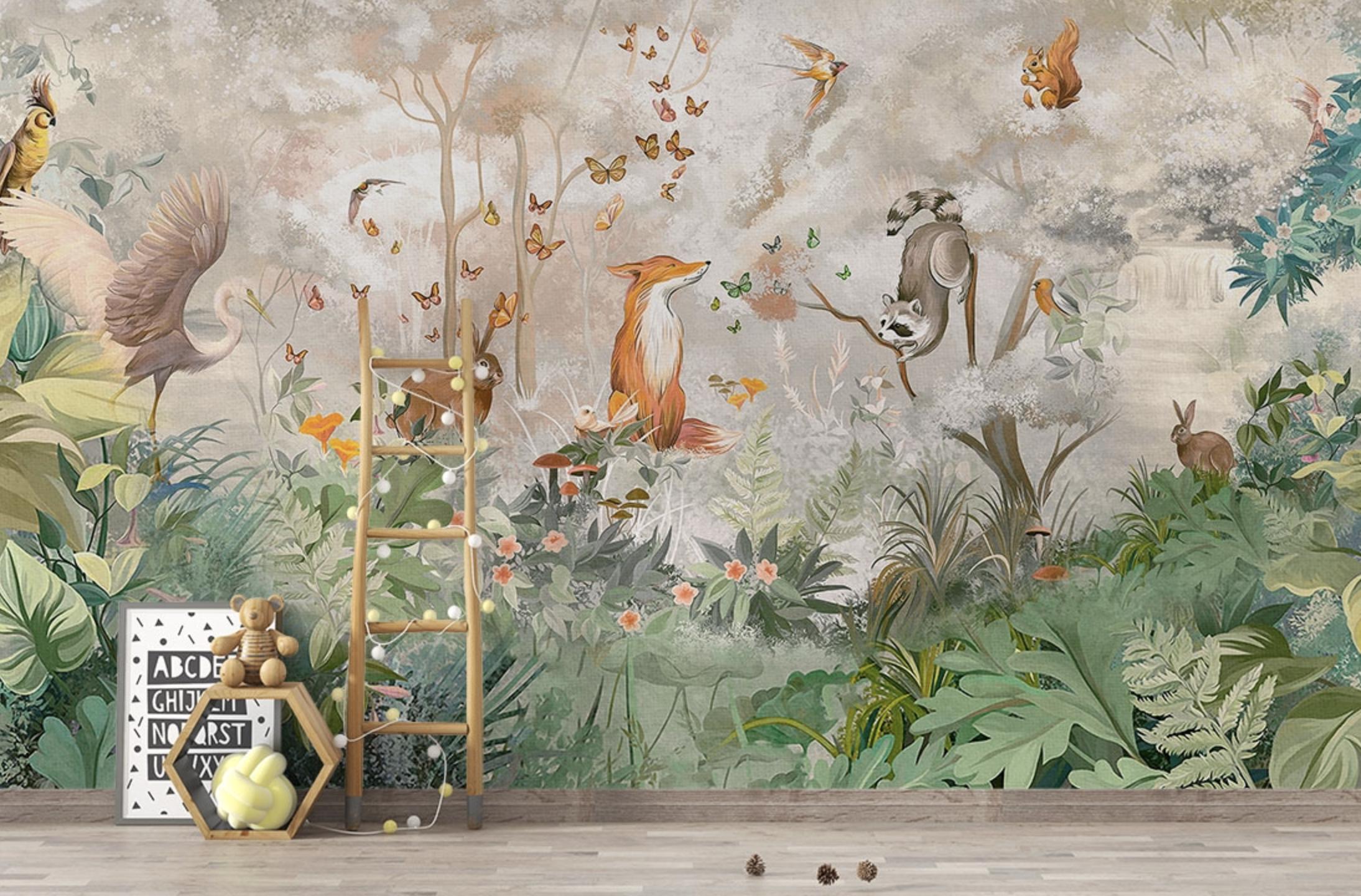 Kid Forest Animals Wallpaper, Peel and Stick, Tropical Wallpaper, Nursery Wall Art Removable Wallpaper, Modern Home Decor