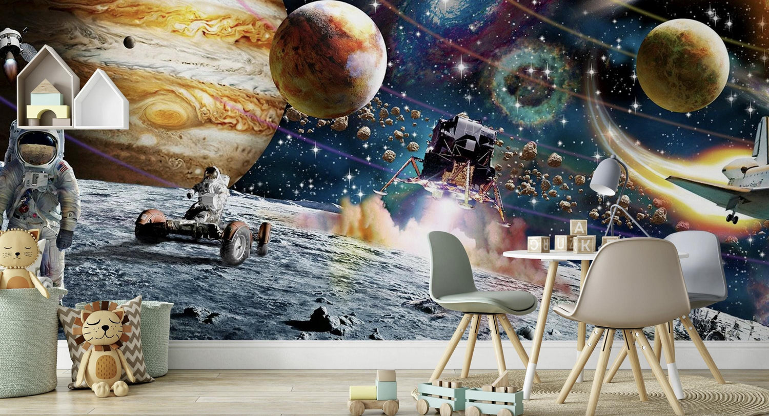 Space Themed Wallpaper, Kids Room Wall Mural, Space World Mural Peel and Stick, Removable Wallpaper, Solar System Mural