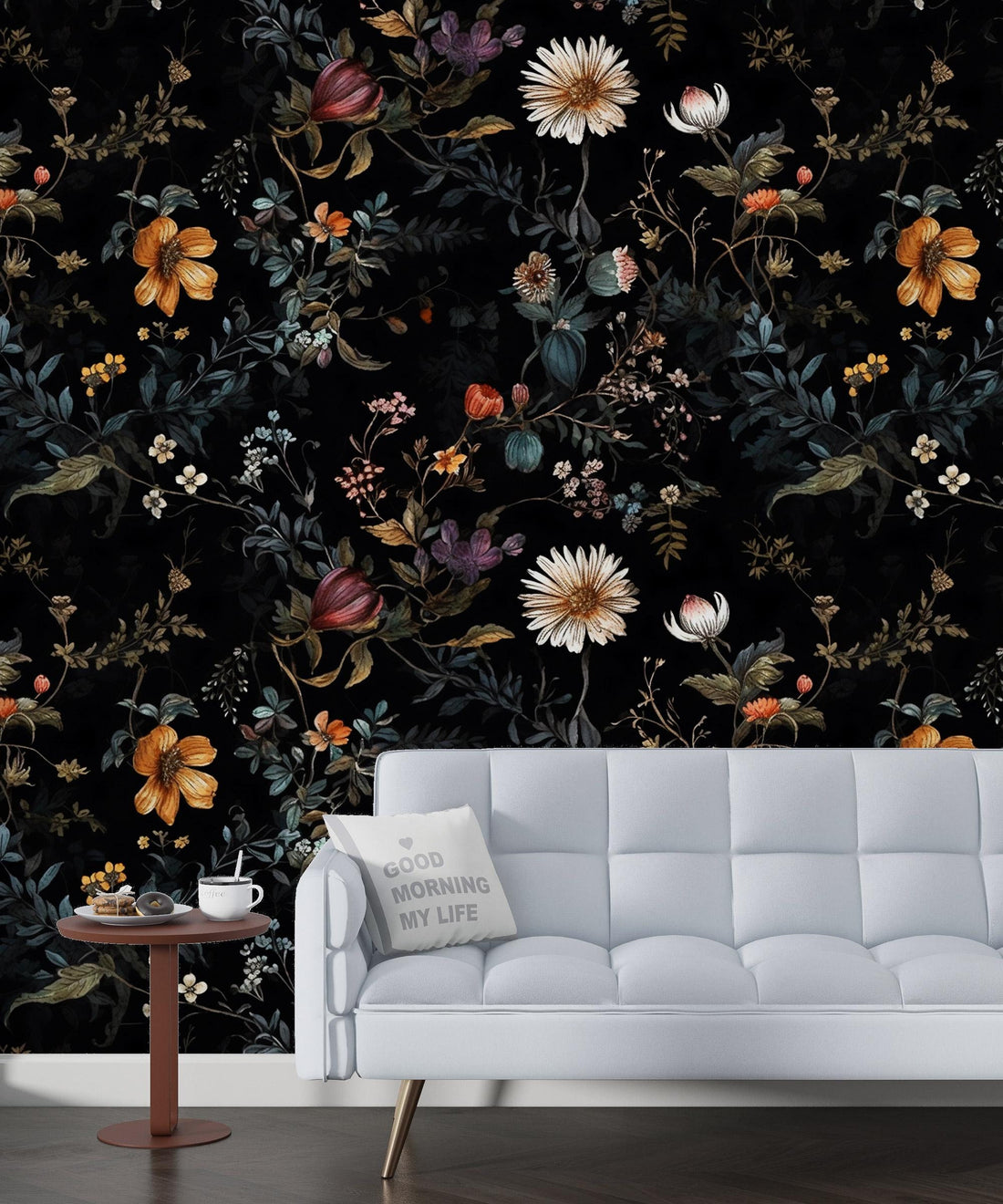 Floral Pattern on Dark Background, Dark Botanical Peel and Stick Wallpaper, Black Floral Pattern Wallpaper, Home Decor, Dark Garden Tropical