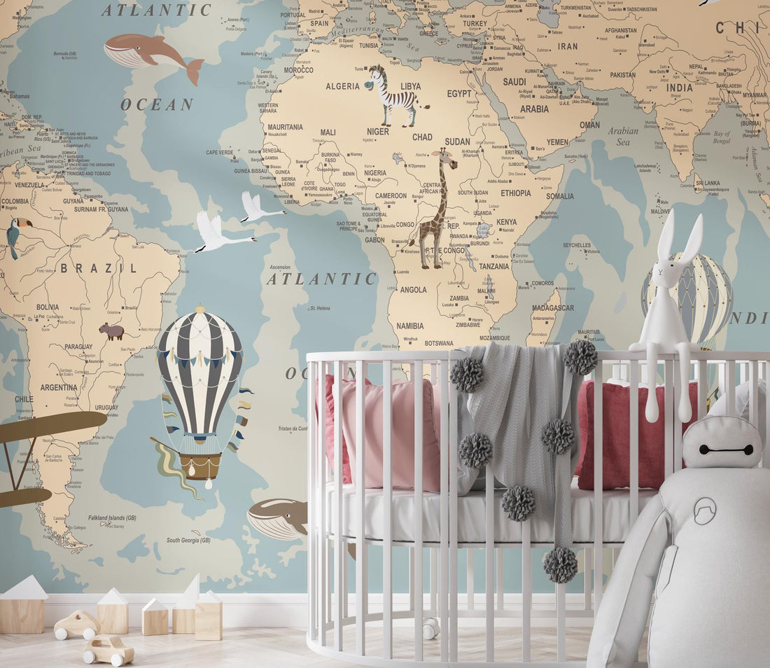 World Map With Animals Kids Wallpaper Nursery Wall Decor Large Wall Murals Vinyl, Child&