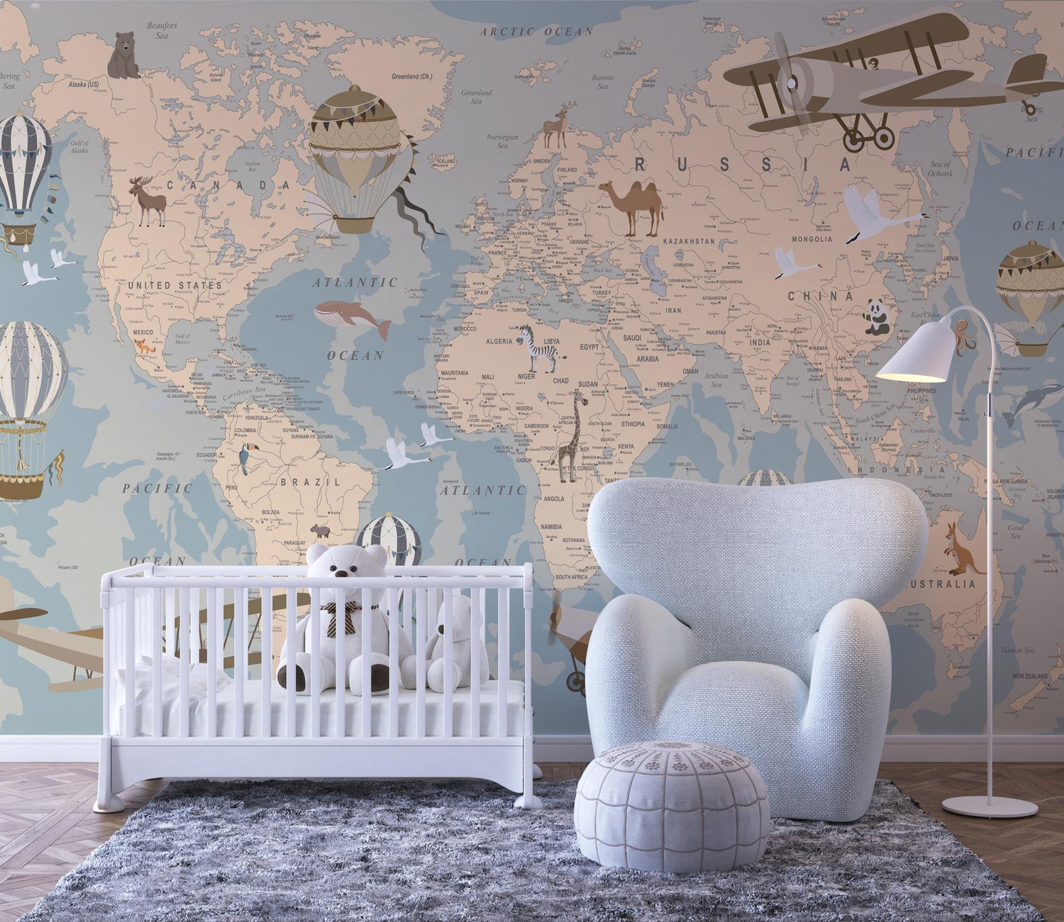 World Map With Animals Kids Wallpaper Nursery Wall Decor Large Wall Murals Vinyl, Child&