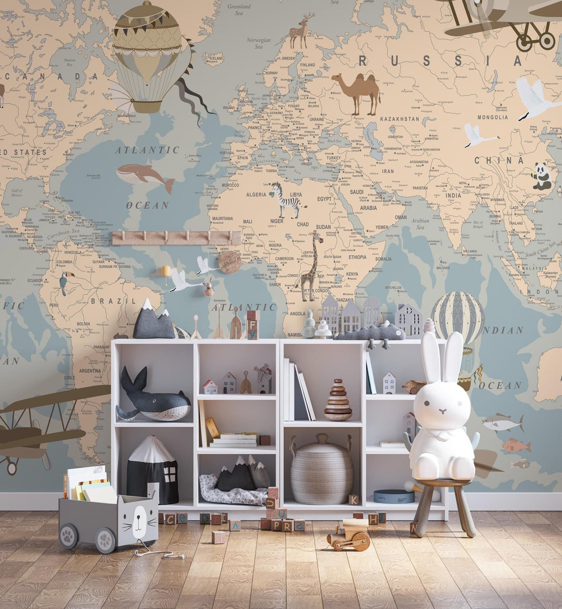 World Map With Animals Kids Wallpaper Nursery Wall Decor Large Wall Murals Vinyl, Child&