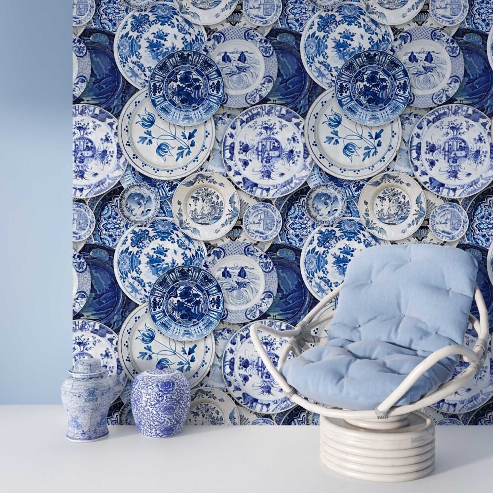 Porcelain Plate Wallpaper, Blue Pattern , Antique Blue Plates Wallpaper, Pieces of Crockery Mural , Pattern , Peel and Stick ,Tile Art Mural