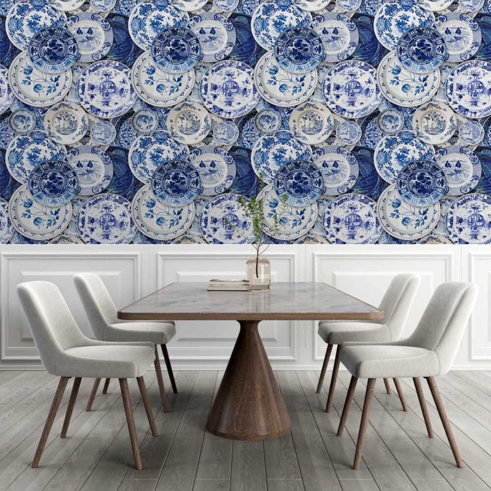 Porcelain Plate Wallpaper, Blue Pattern , Antique Blue Plates Wallpaper, Pieces of Crockery Mural , Pattern , Peel and Stick ,Tile Art Mural