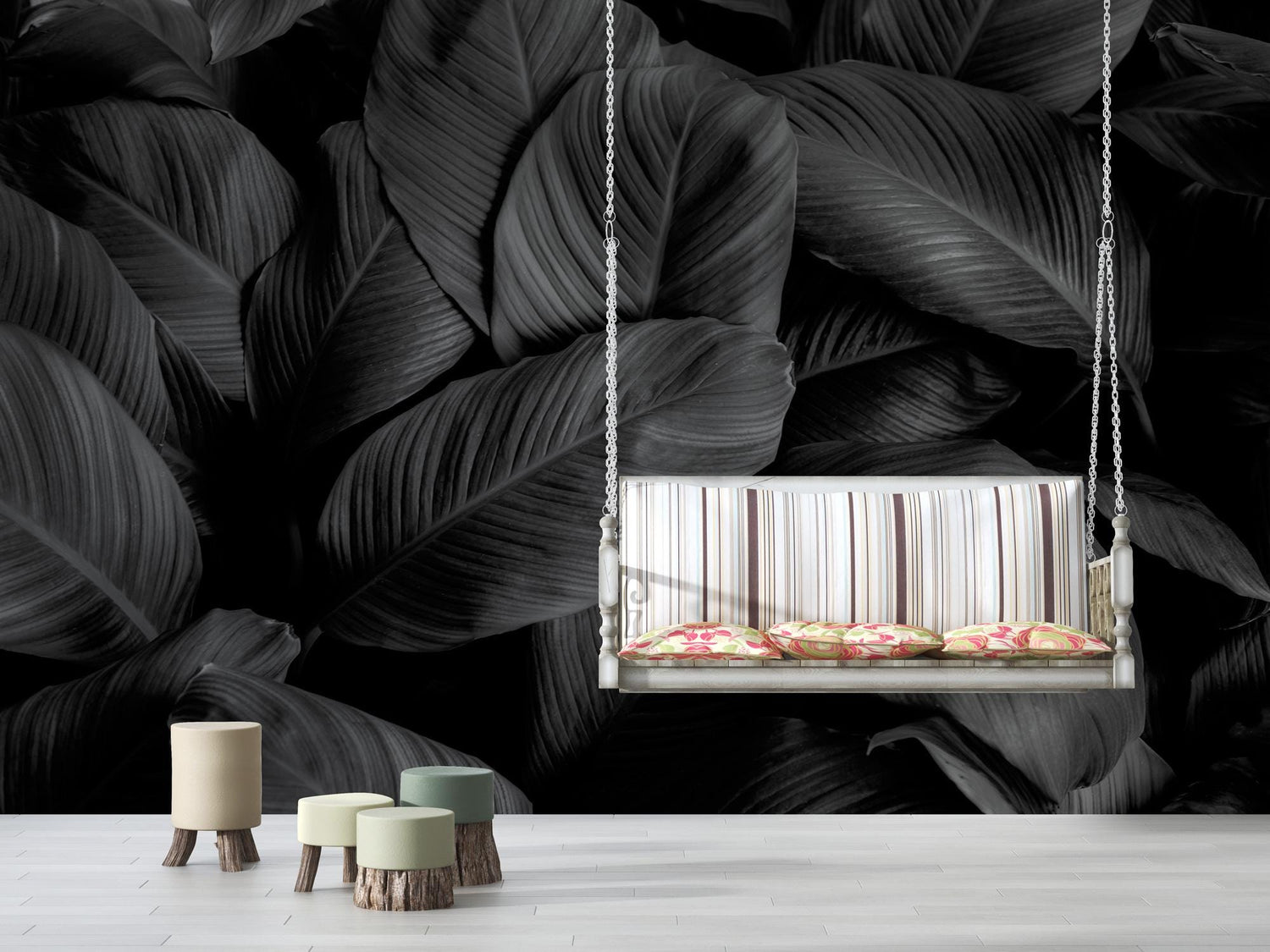 Textures of Natural Abstract Black Leaves for Tropical Leaf Wallpaper, Black and White Images Wall Mural, Home Decor, Peel and Stick