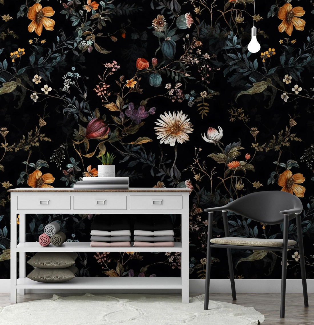 Floral Pattern on Dark Background, Dark Botanical Peel and Stick Wallpaper, Black Floral Pattern Wallpaper, Home Decor, Dark Garden Tropical