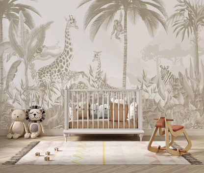 Safari Wallpaper, Giraffe Jungle Wall Mural, Tropical Wallpaper, Peel and Stick, Nursery Room Decor, Kid Wall Mural, Animals Wallpaper