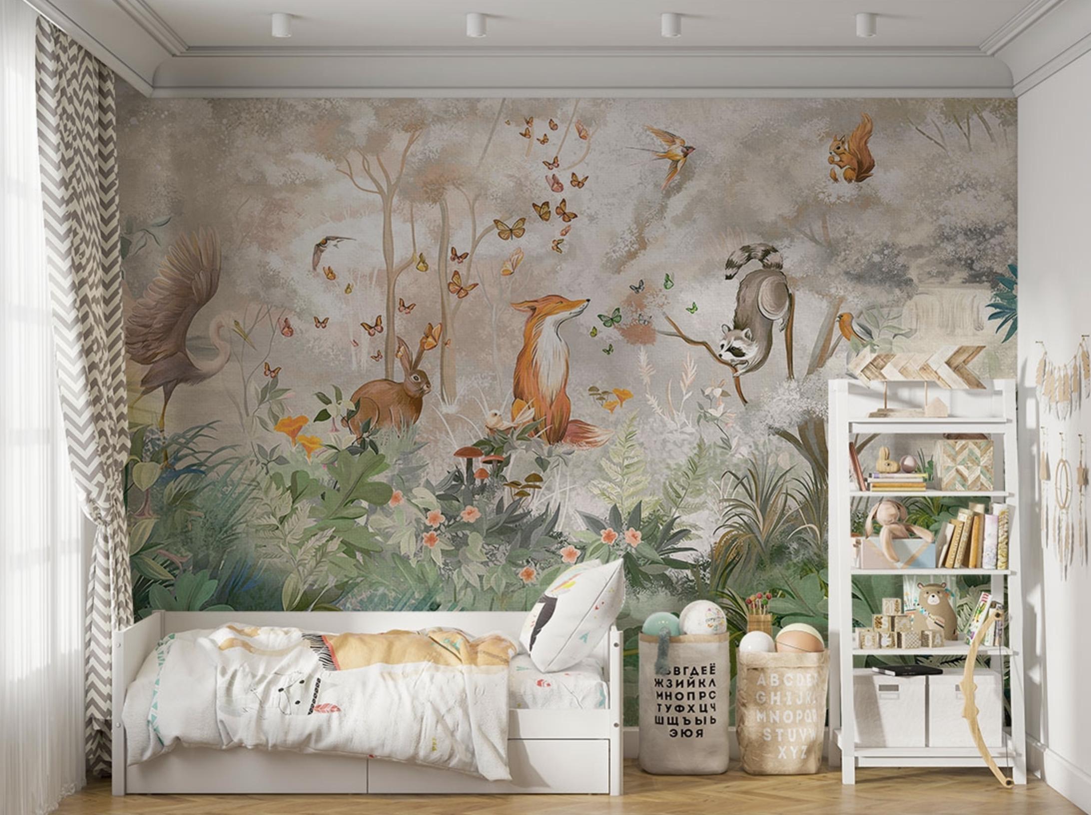 Kid Forest Animals Wallpaper, Peel and Stick, Tropical Wallpaper, Nursery Wall Art Removable Wallpaper, Modern Home Decor