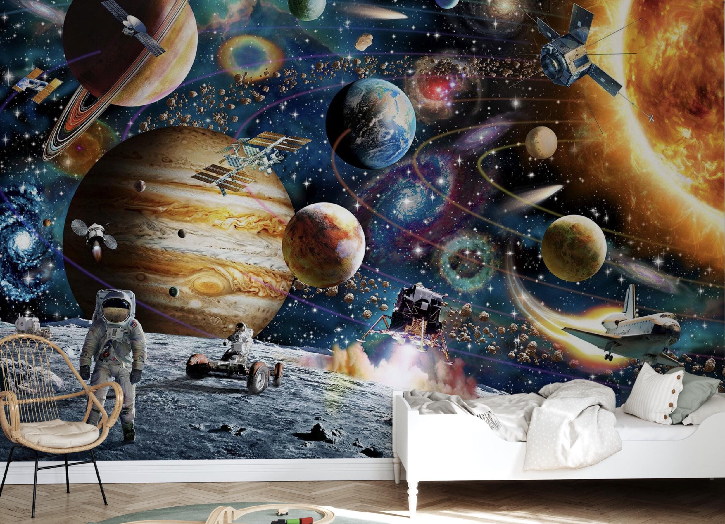 Space Themed Wallpaper, Kids Room Wall Mural, Space World Mural Peel and Stick, Removable Wallpaper, Solar System Mural