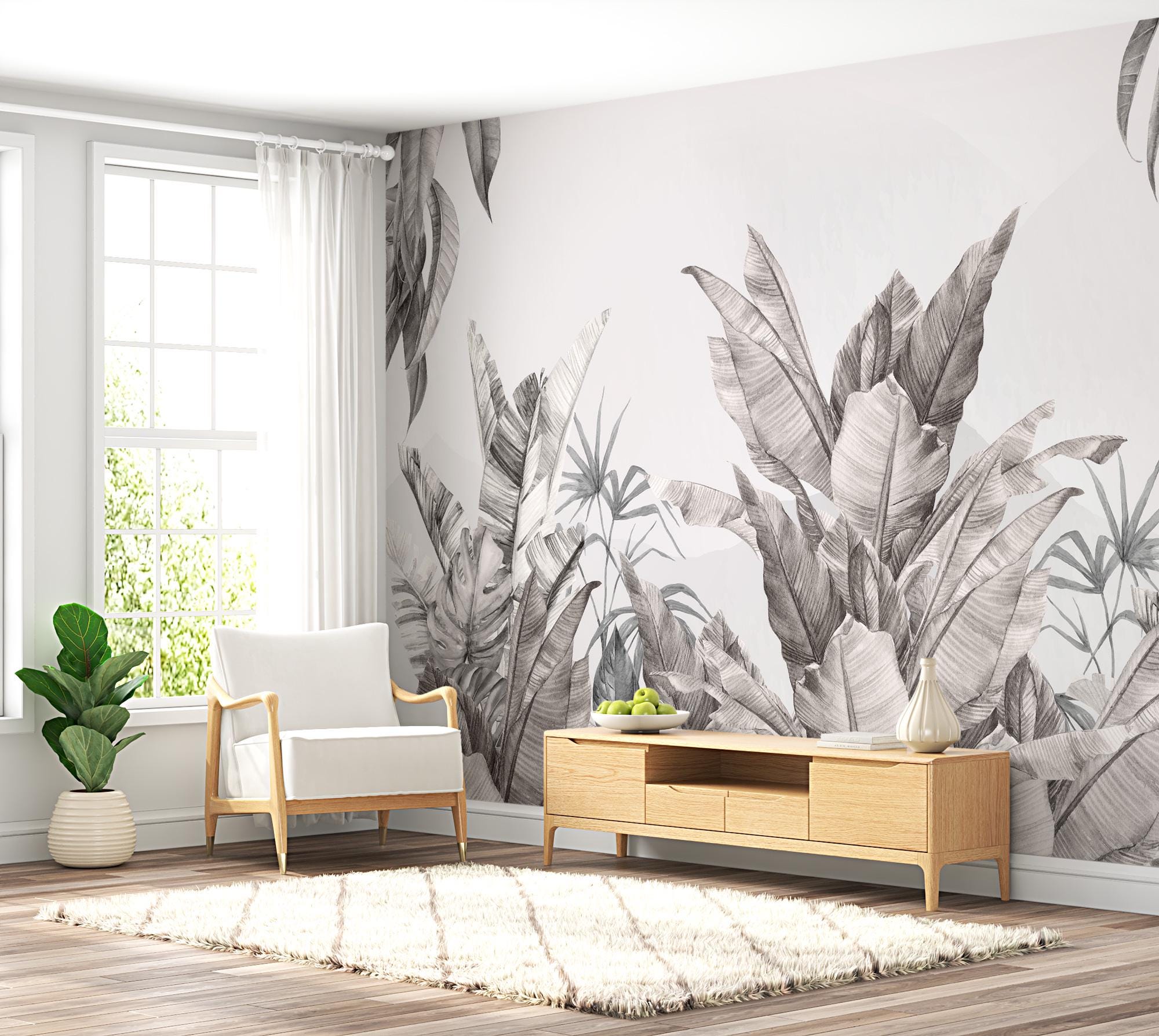 Black Tropical Wallpaper, Leaf Tropical Wall Mural, Peel and Stick Wall Paper, Home Decor, Black and White Wallpaper, Removable Wall Mural