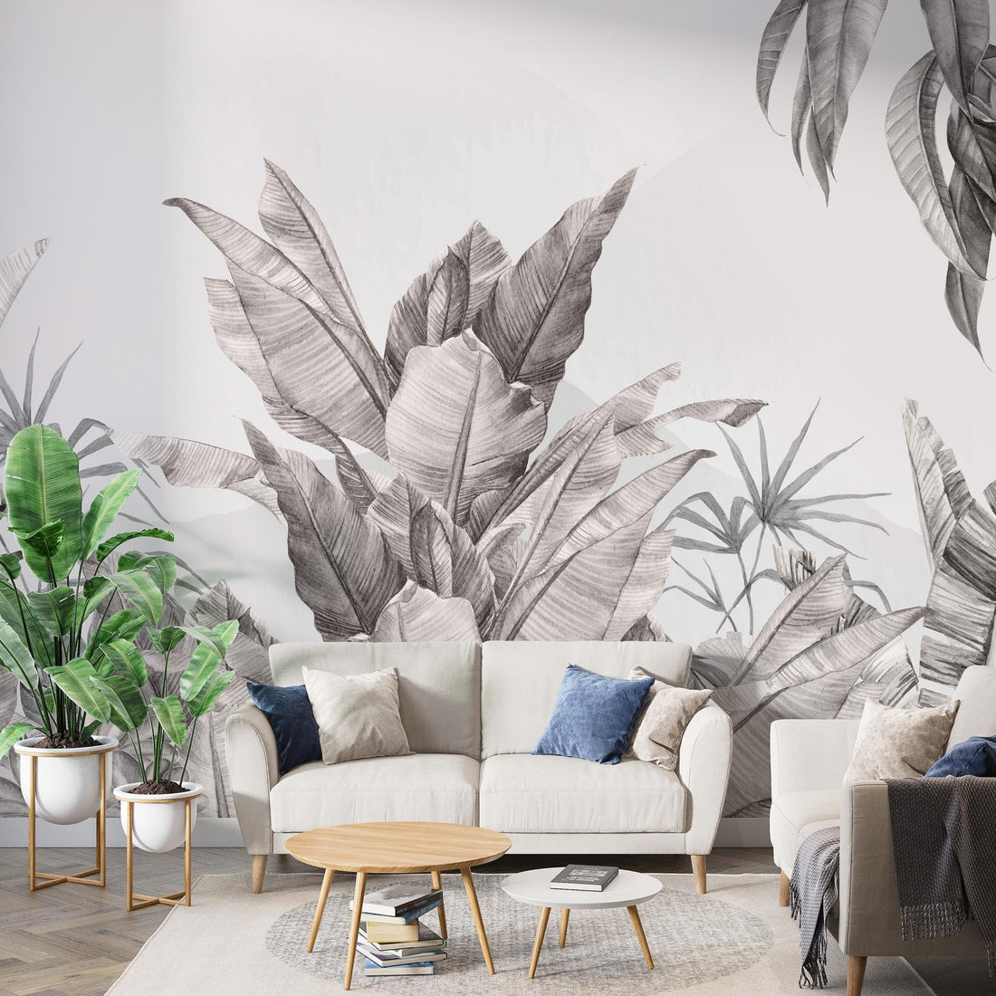 Black Tropical Wallpaper, Leaf Tropical Wall Mural, Peel and Stick Wall Paper, Home Decor, Black and White Wallpaper, Removable Wall Mural