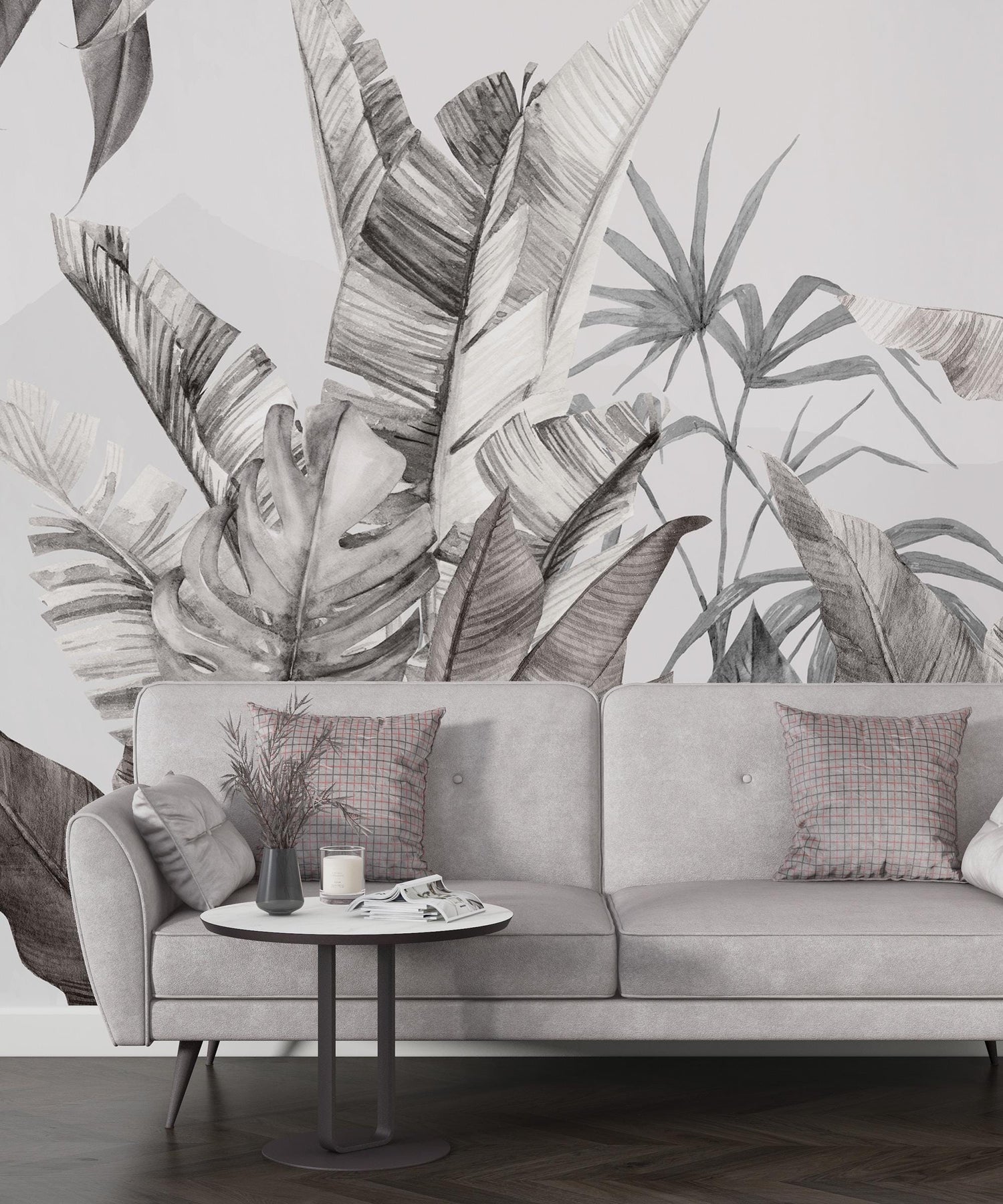 Black Tropical Wallpaper, Leaf Tropical Wall Mural, Peel and Stick Wall Paper, Home Decor, Black and White Wallpaper, Removable Wall Mural