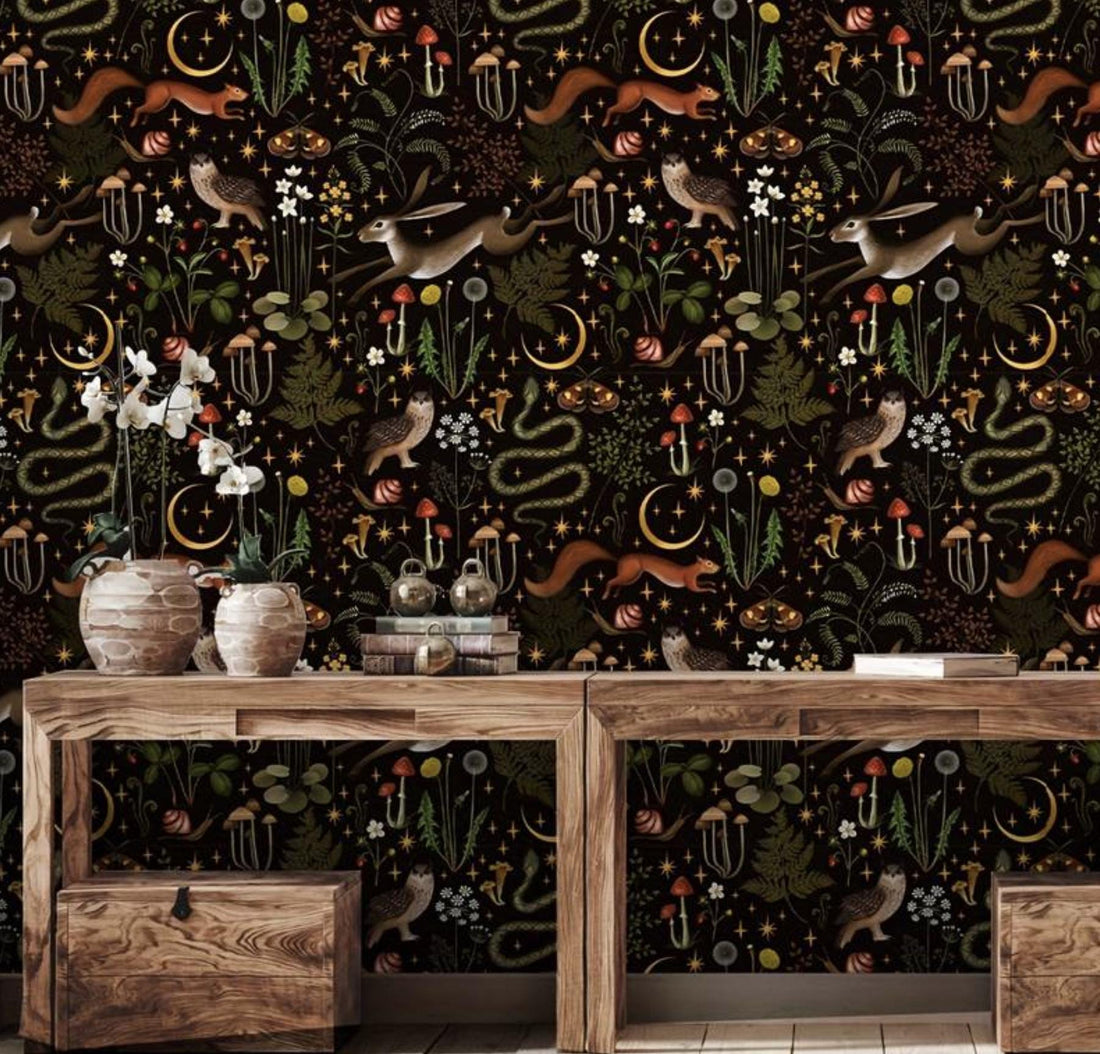 Owl Snake Moon Stars Wallpaper,Dark Mushroom Wall Mural, Dark Vintage Botanical Wallpaper, Peel and Stick Butterfly Squirrel