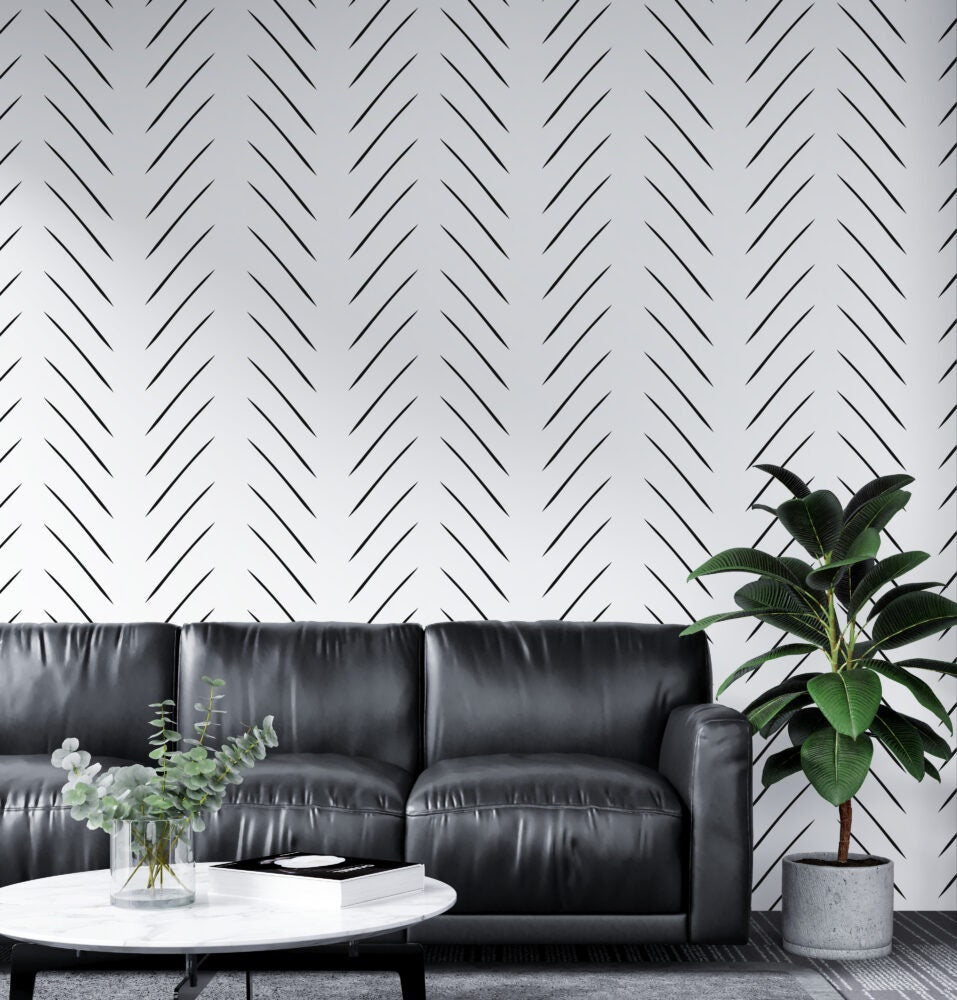 Lines Wallpaper, Herringbone Minimal, Peel and Stick ,Minimalist Line  , Modern Style White Background Black Line Pattern Wallpaper