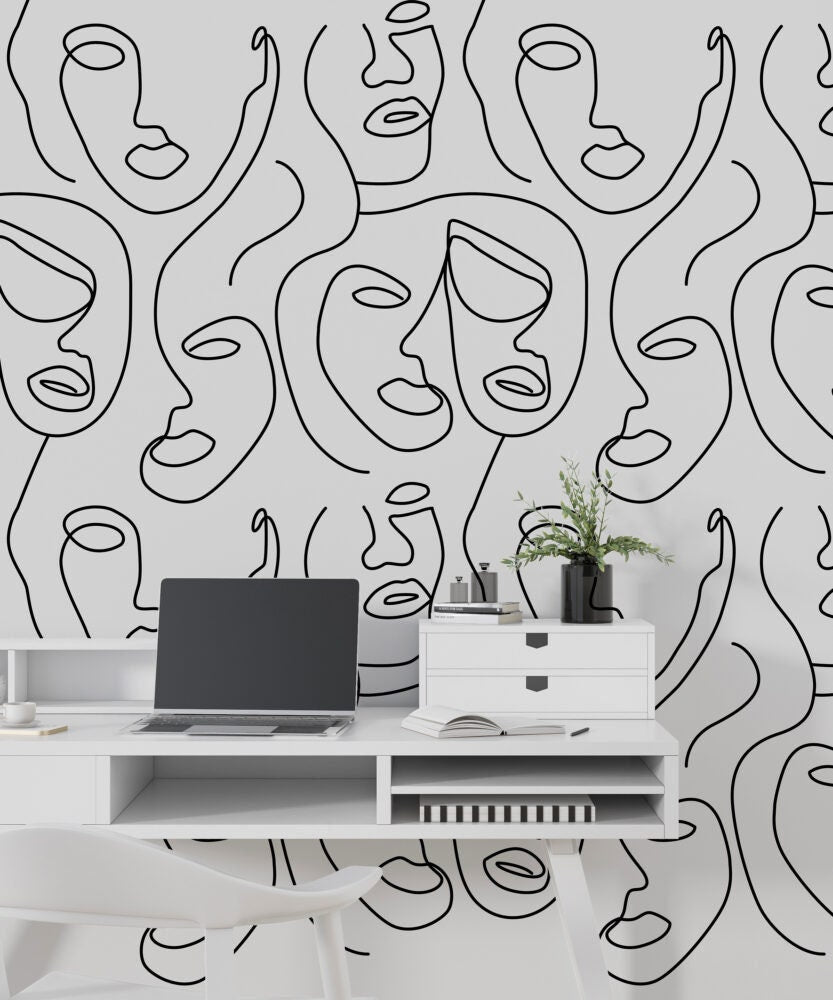 Gray Background Minimalist Face Line,  Female Face Wallpaper, Minimalist Line Art , Abstract Human Face Wallpaper , peel and stick, Pattern