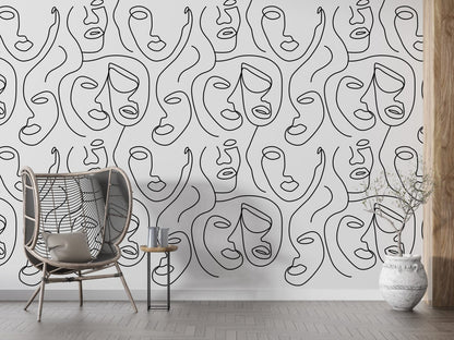 Gray Background Minimalist Face Line,  Female Face Wallpaper, Minimalist Line Art , Abstract Human Face Wallpaper , peel and stick, Pattern