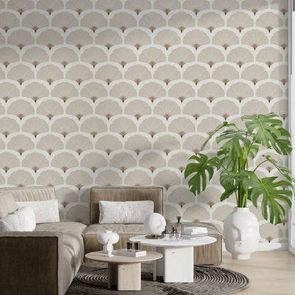 Elegant Wall Mural, Palm Leaf Wallpaper, Beige and White Mural