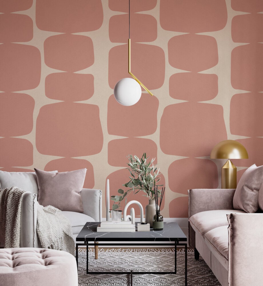 Abstract Boho Style Wallpaper , Pink and Cream Mural , Peel and Stick Wallpaper, Wall Decor , Mom Gift , Retro Wallpaper , Bedroom Mural