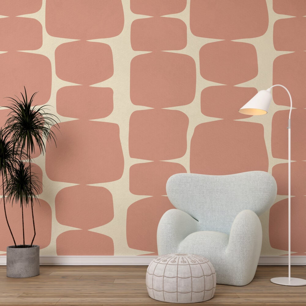 Abstract Boho Style Wallpaper , Pink and Cream Mural , Peel and Stick Wallpaper, Wall Decor , Mom Gift , Retro Wallpaper , Bedroom Mural