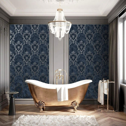 Blue and Silver Damask Wallpaper