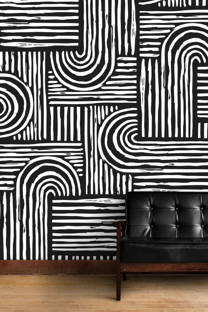 Abstract Geometric Style Wallpaper, Black and White Mural , Peel and Stick Wallpaper, Linear Wallpaper, Modern Style Mural with Bold Stripes