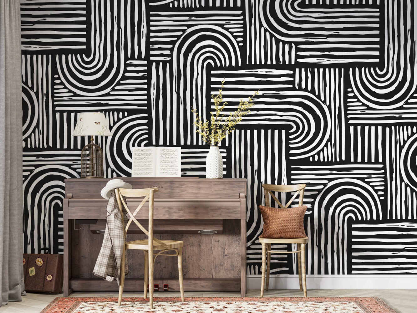 Abstract Geometric Style Wallpaper, Black and White Mural , Peel and Stick Wallpaper, Linear Wallpaper, Modern Style Mural with Bold Stripes