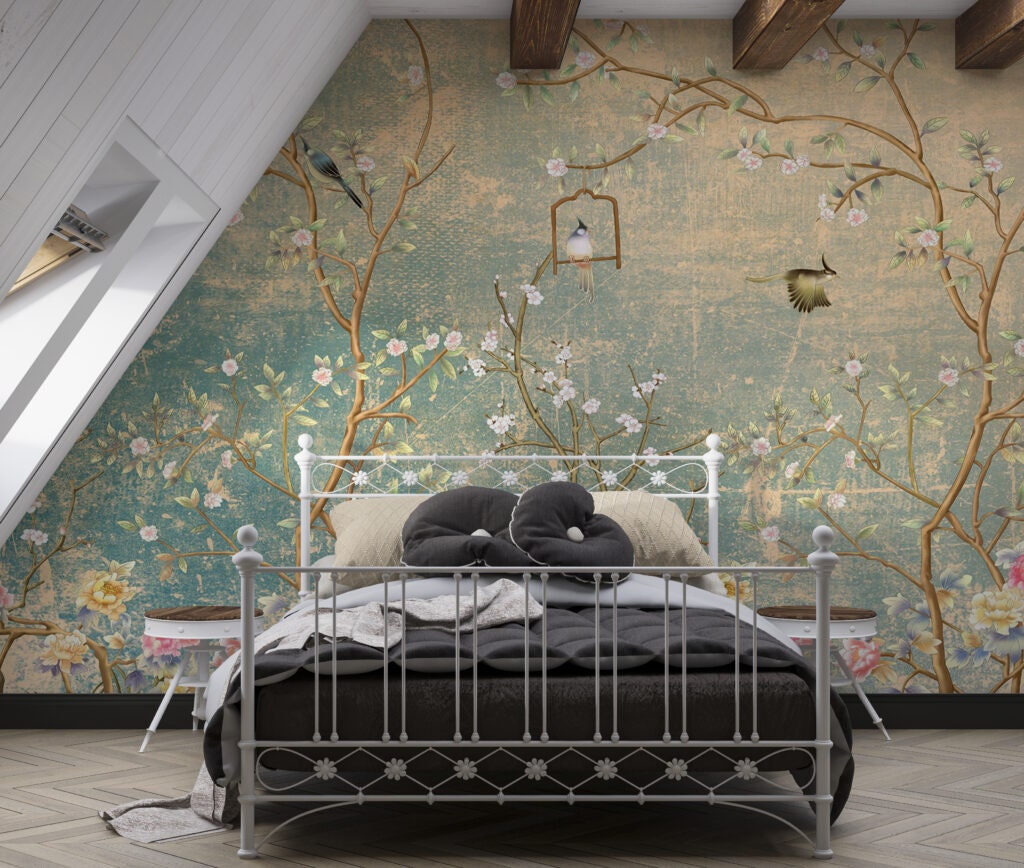 Vintage Chinoiserie Wallpaper , Peel And Stick, Bedroom Mural ,Antique Seemle Wallpaper , Vintage Background, Birds and Blossom Trees Floral