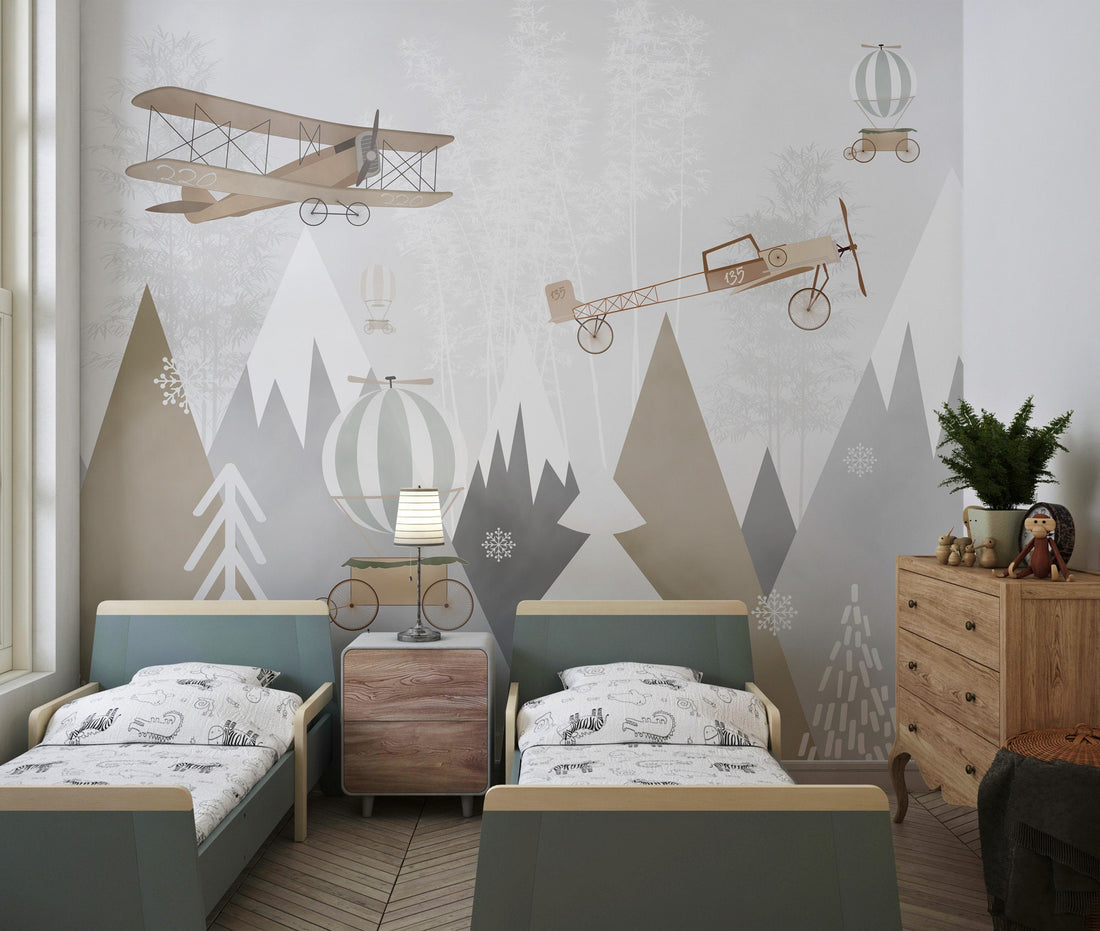 Vintage Airplanes Wallpaper, Montains and Pine Tree, Peel And Stick, Wall Decoration Removable, Retro Airplanes for Kids Room, Nursery Mural