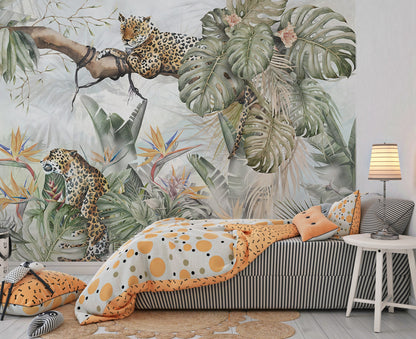 Tigers and Tropical Trees  Wallpaper, Flora and Fauna Mural , Peel And Stick, Wall Decoration Removable, Jungle Wallpaper, Jungel Animals