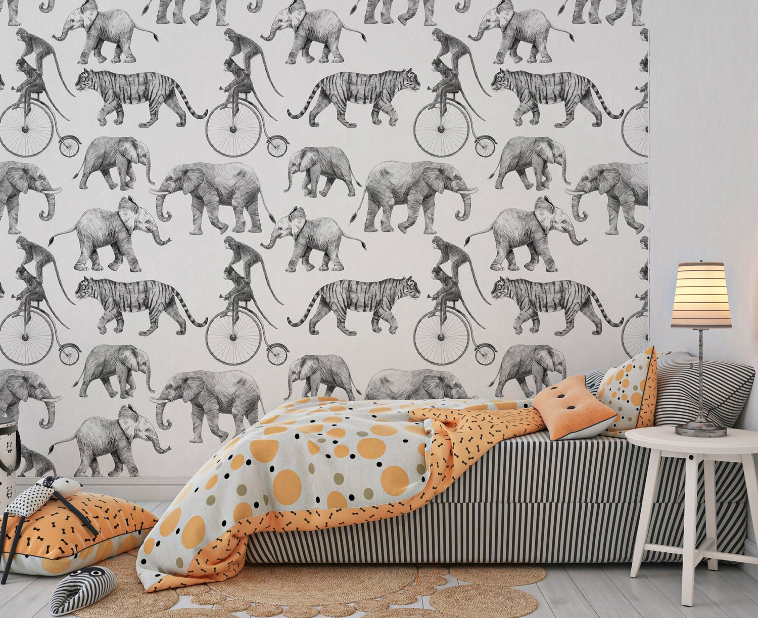 Animals Wallpaper, Elephants and Monkey, Nursery Room Decor