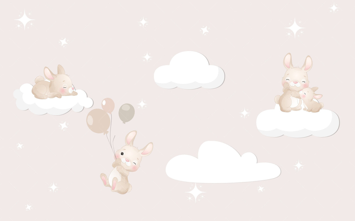 Cute Rabbits  Wallpaper ,Peel and Stick Mural ,Rabits on Clouds with Balloon Mural,  Nursery Wallpaper , Soft Colors Kids Room Wallpaper