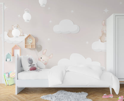 Cute Rabbits  Wallpaper ,Peel and Stick Mural ,Rabits on Clouds with Balloon Mural,  Nursery Wallpaper , Soft Colors Kids Room Wallpaper