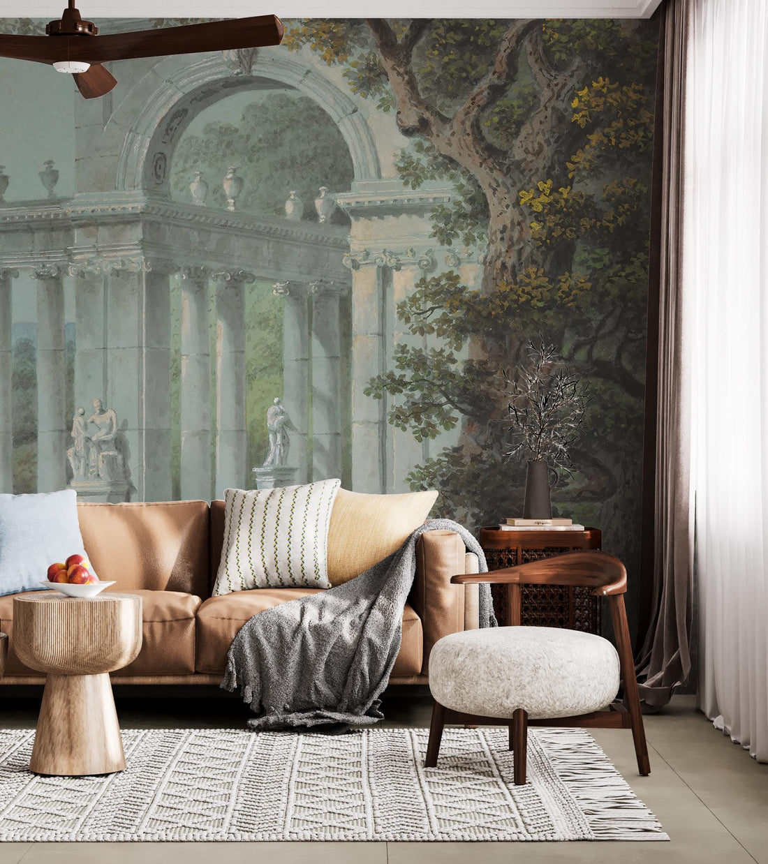 Arcaded Loggia by a River, Vintage Landscape Wallpaper,