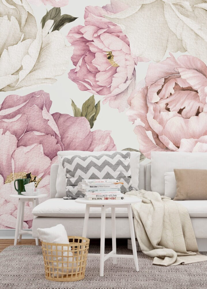 Peony flowers and Pink Roses  Wallpaper, Romantic  Wall Decor , Peel And Stick, Botanical Mural, Large Peony Wallpaper , Paster Tones Mural