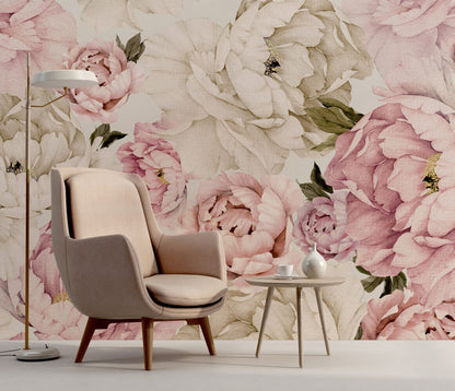 Peony flowers and Pink Roses  Wallpaper, Romantic  Wall Decor , Peel And Stick, Botanical Mural, Large Peony Wallpaper , Paster Tones Mural