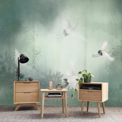 Chinoiseries Crane Wall Mural, Green Heron Wallpaper, Removable Wallpaper, Home Decor, Peel And Stick White Bird Wallpaper