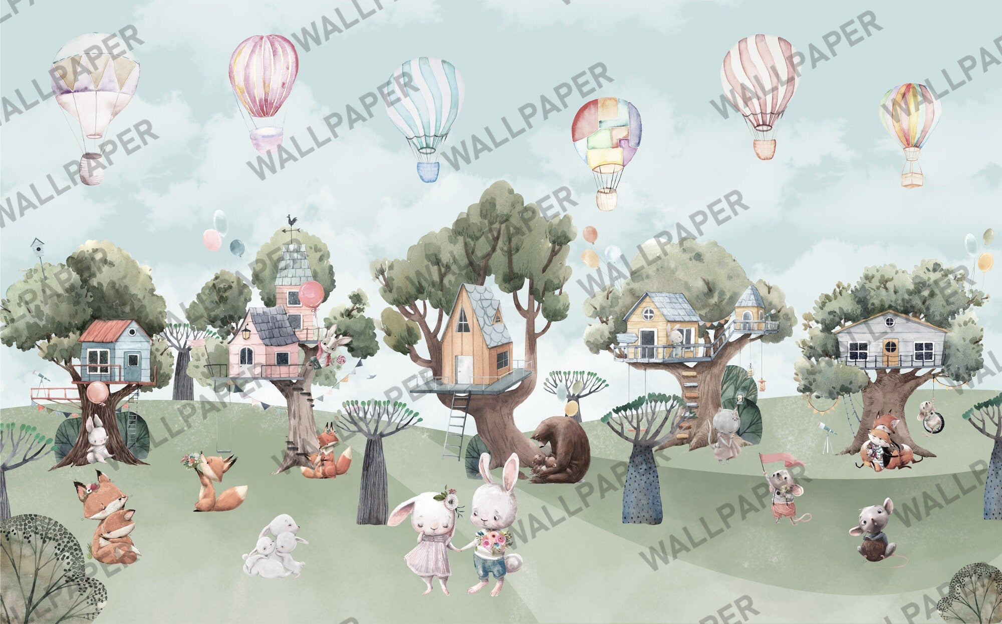 Cute Animals Forest Houses Wallpaper, Peel and Stick Mural , Cute Jungel Houses, Tree Houses Mural, Kids Room Wallpaper, Watercolor Mural