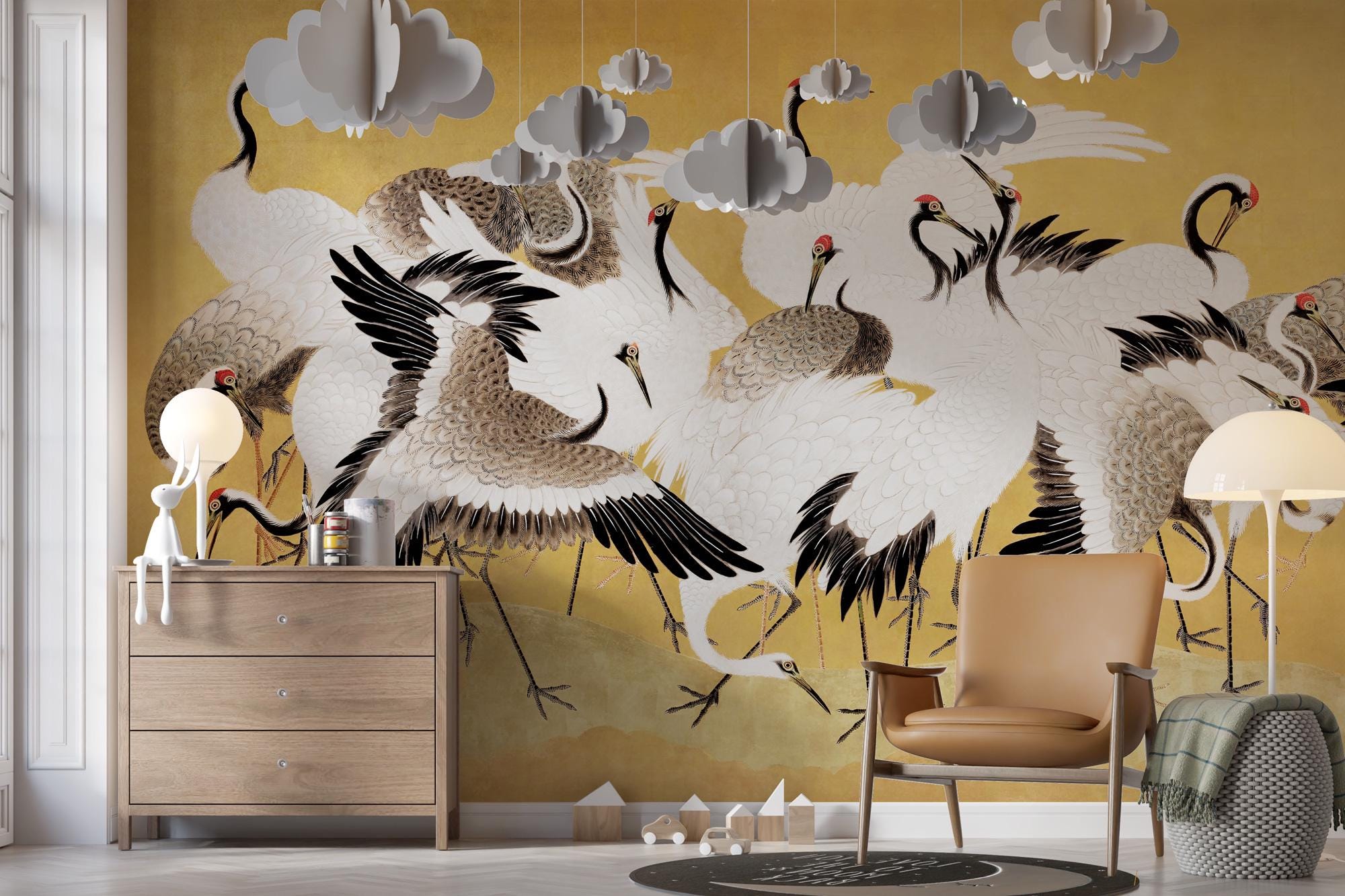 Heron Wallpaper 3D, Removable Peel and Stick Mural, Chinoiserie Art Wallpaper, Japanese Crane Wall Mural, Home Decor