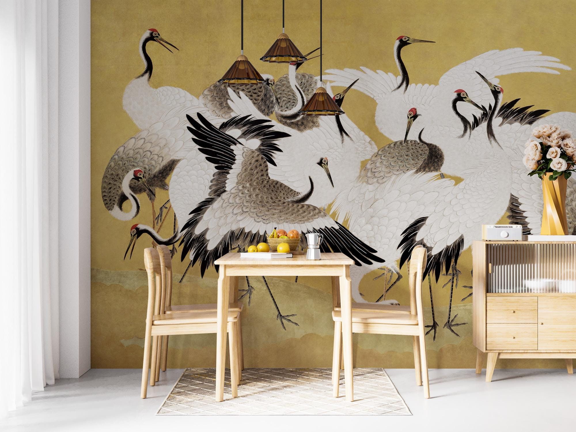 Heron Wallpaper 3D, Removable Peel and Stick Mural, Chinoiserie Art Wallpaper, Japanese Crane Wall Mural, Home Decor