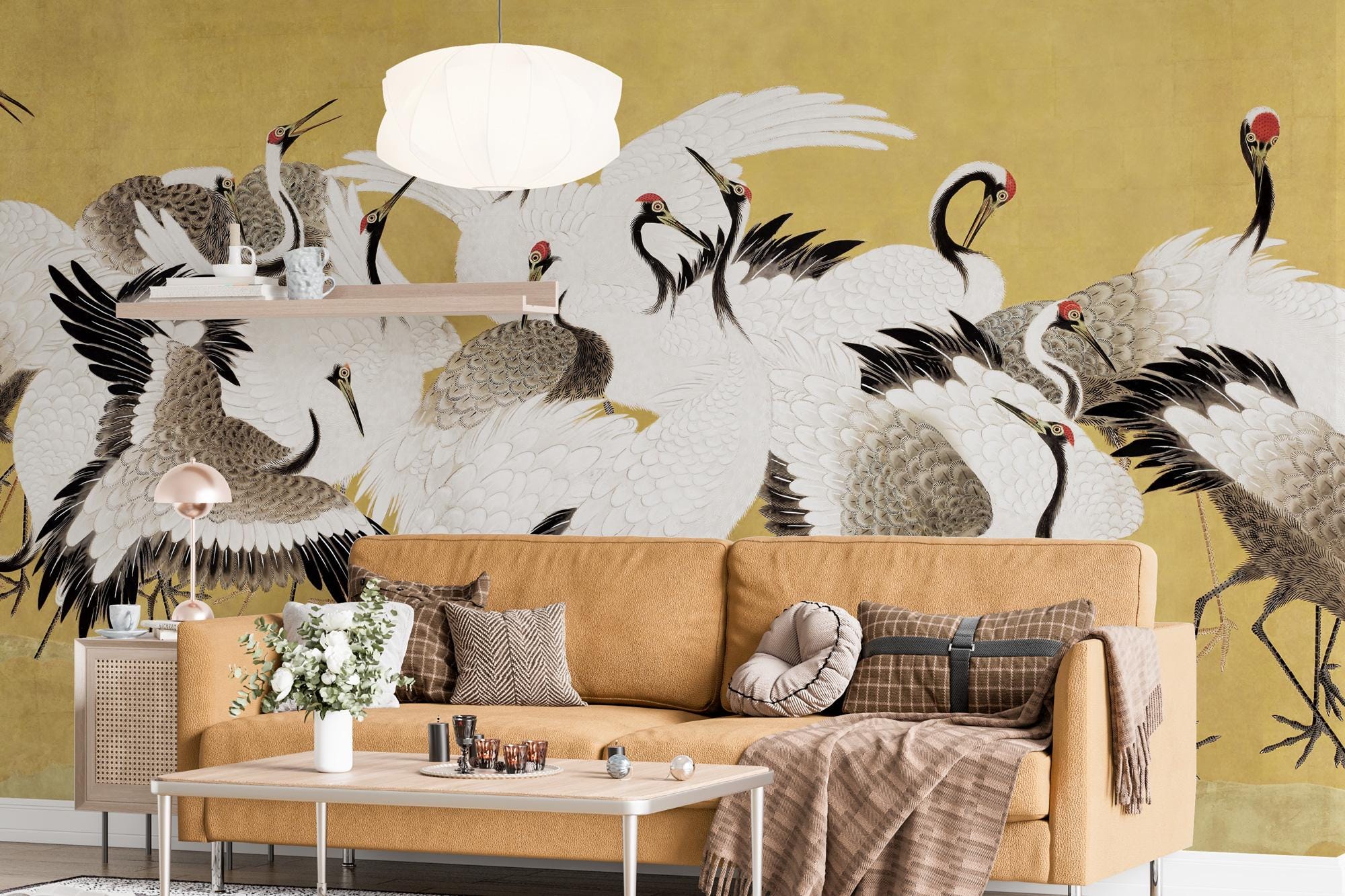 Heron Wallpaper 3D, Removable Peel and Stick Mural, Chinoiserie Art Wallpaper, Japanese Crane Wall Mural, Home Decor