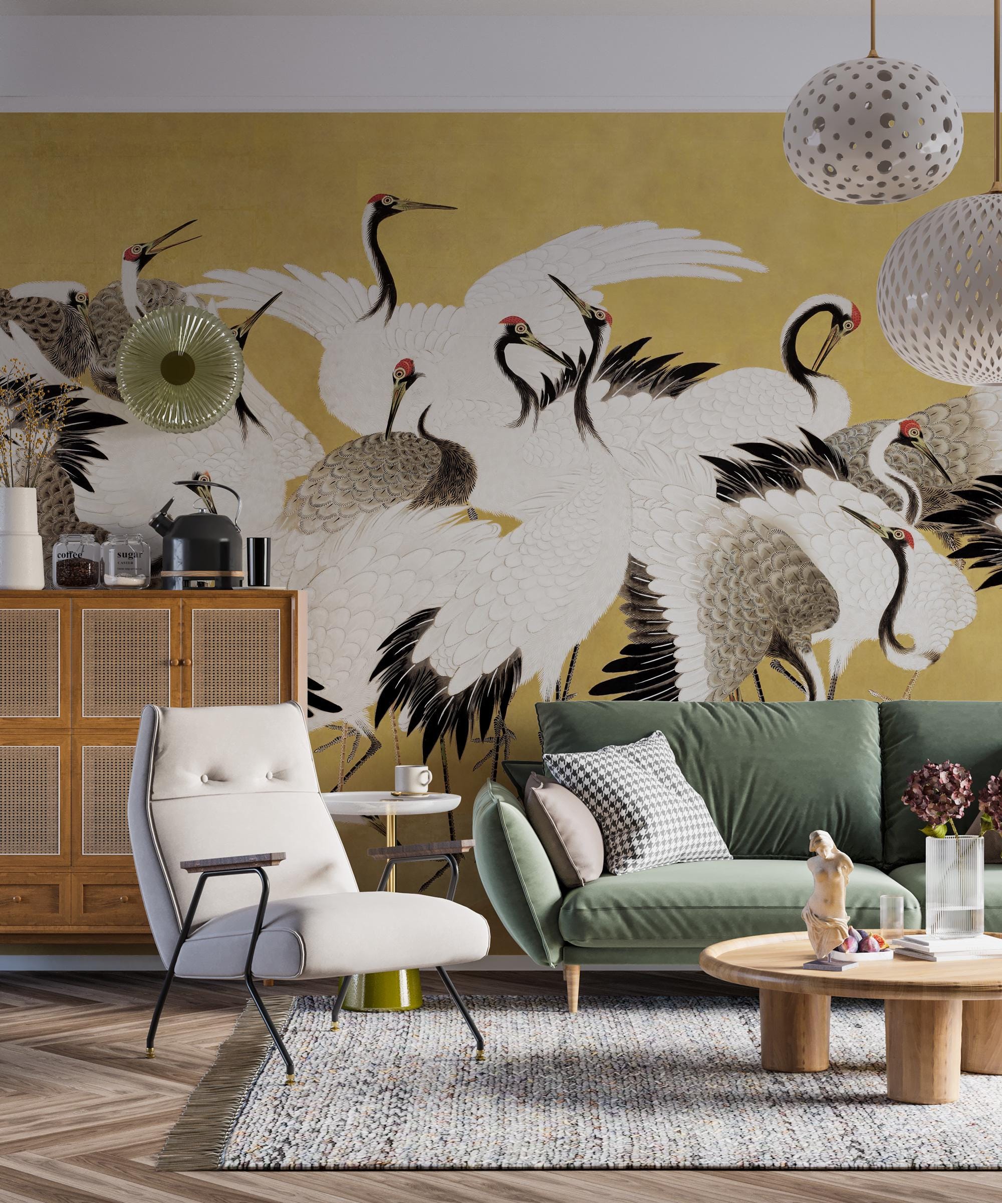 Heron Wallpaper 3D, Removable Peel and Stick Mural, Chinoiserie Art Wallpaper, Japanese Crane Wall Mural, Home Decor