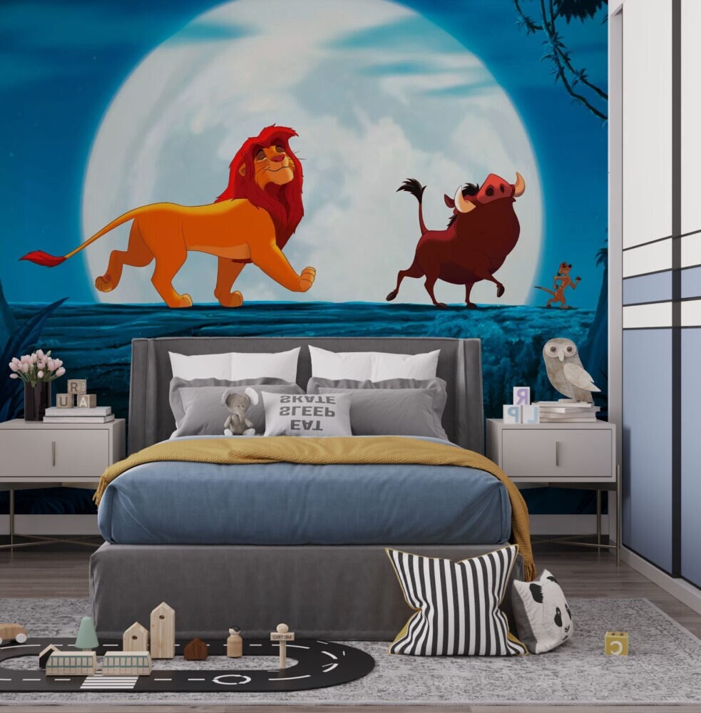 The Lion King &amp; Pumbaa Wallpaper, Cartoon Characters Mural, Peel and Stick Mural, Nursery Wall Decor, Safari Animals Mural ,Trend Kids Mural