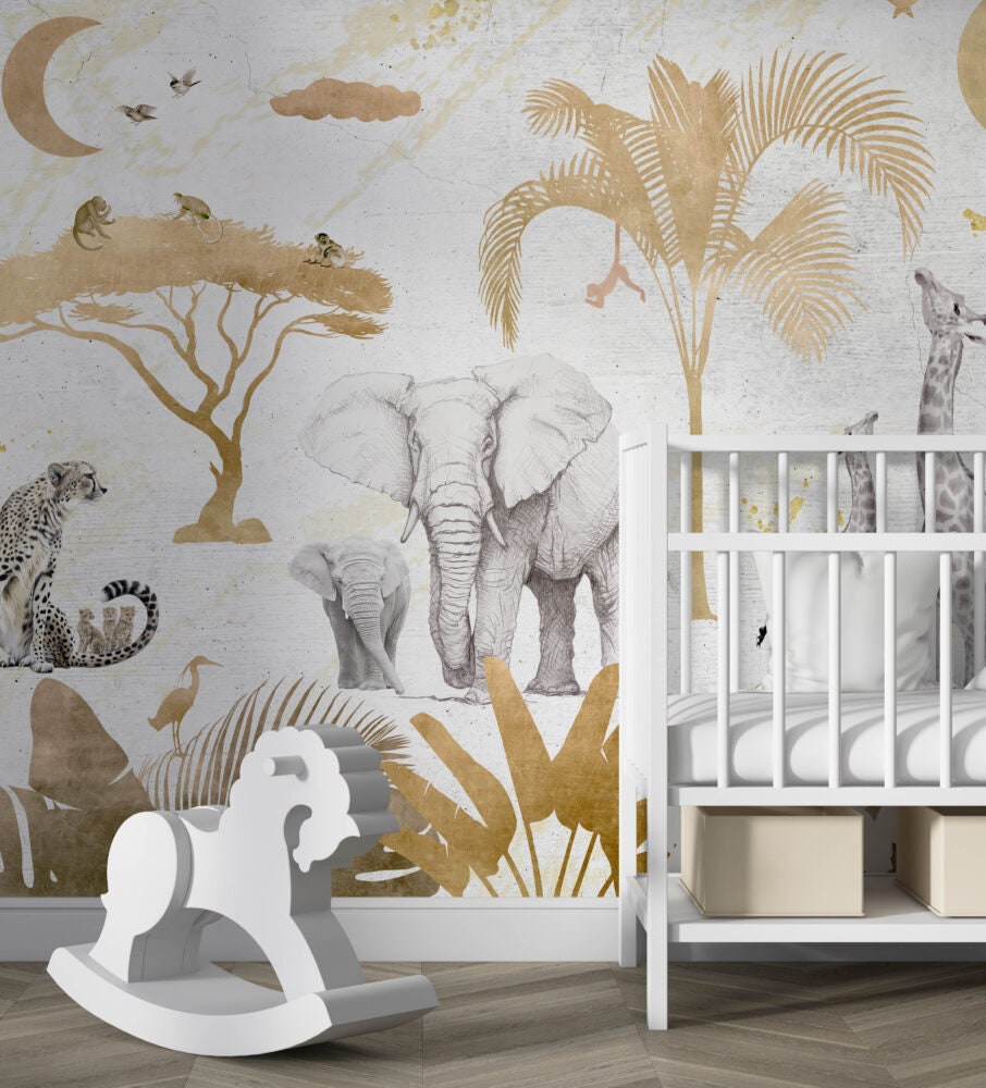 Safari Wallpaper With Golden Lines, Nursery Mural, Peel and Stick Mural, Safari Animals Mural, Gold Tones Mural, Wild Animals Mural