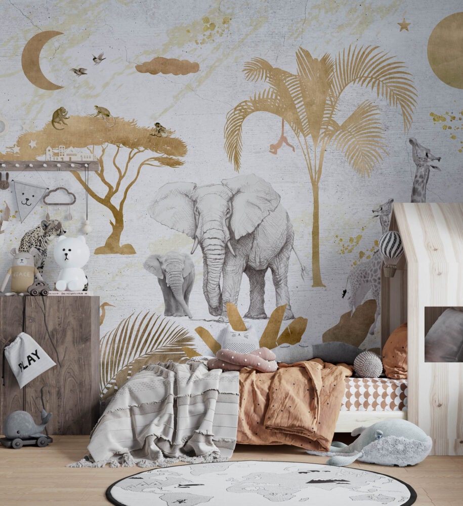 Safari Wallpaper With Golden Lines, Nursery Mural, Peel and Stick Mural, Safari Animals Mural, Gold Tones Mural, Wild Animals Mural