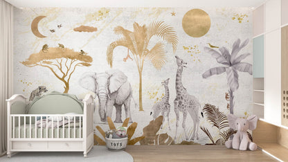 Safari Wallpaper With Golden Lines, Nursery Mural, Peel and Stick Mural, Safari Animals Mural, Gold Tones Mural, Wild Animals Mural