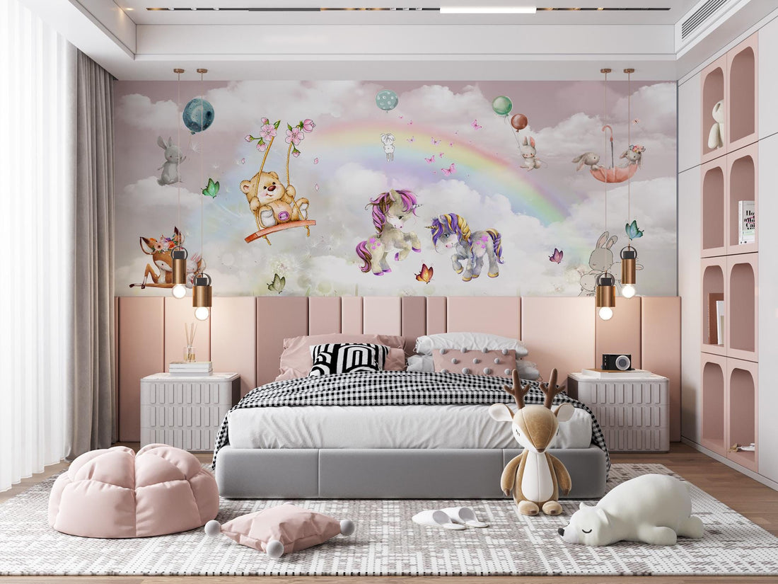 Animals Wallpaper, Cloud and Rainbow Wall Mural, Nursery Room Decor, Kids Room Peel and Stick Wallpaper, Home Decor