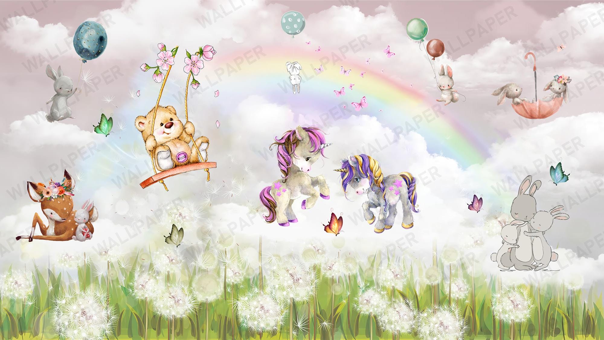 Animals Wallpaper, Cloud and Rainbow Wall Mural, Nursery Room Decor, Kids Room Peel and Stick Wallpaper, Home Decor