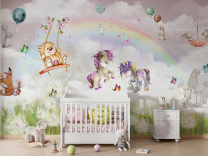 Animals Wallpaper, Cloud and Rainbow Wall Mural, Nursery Room Decor, Kids Room Peel and Stick Wallpaper, Home Decor