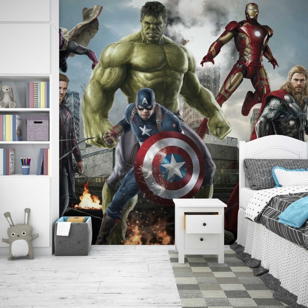 Super Heroes and Hulk Wallpaper , Avengers Wallpaper, Marvel Mural For Boy Kids Room , Nursery Mural, Peel and Stick Mural, Play Room Mural