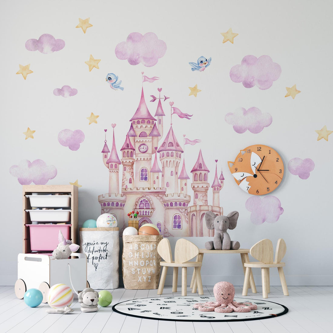 Disney Princess Castle Wall Decals, Castle Sticker, Colorful Bird Wall Sticker, Girl Room Decor, Playroom Wall Decal, Nursery Peel and Stick